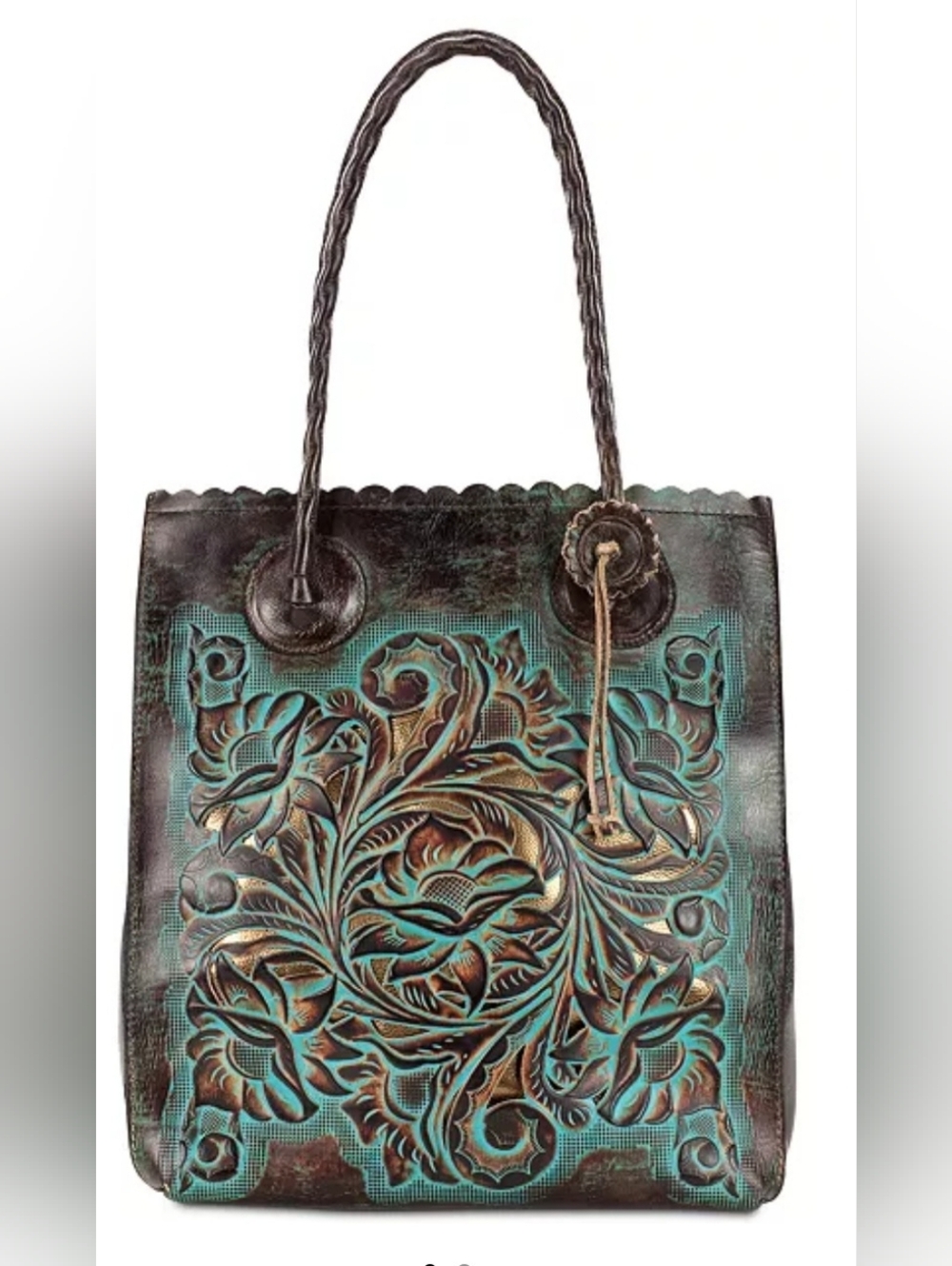 Patricia Nash Turquoise and Brown Tooled Leather Tote